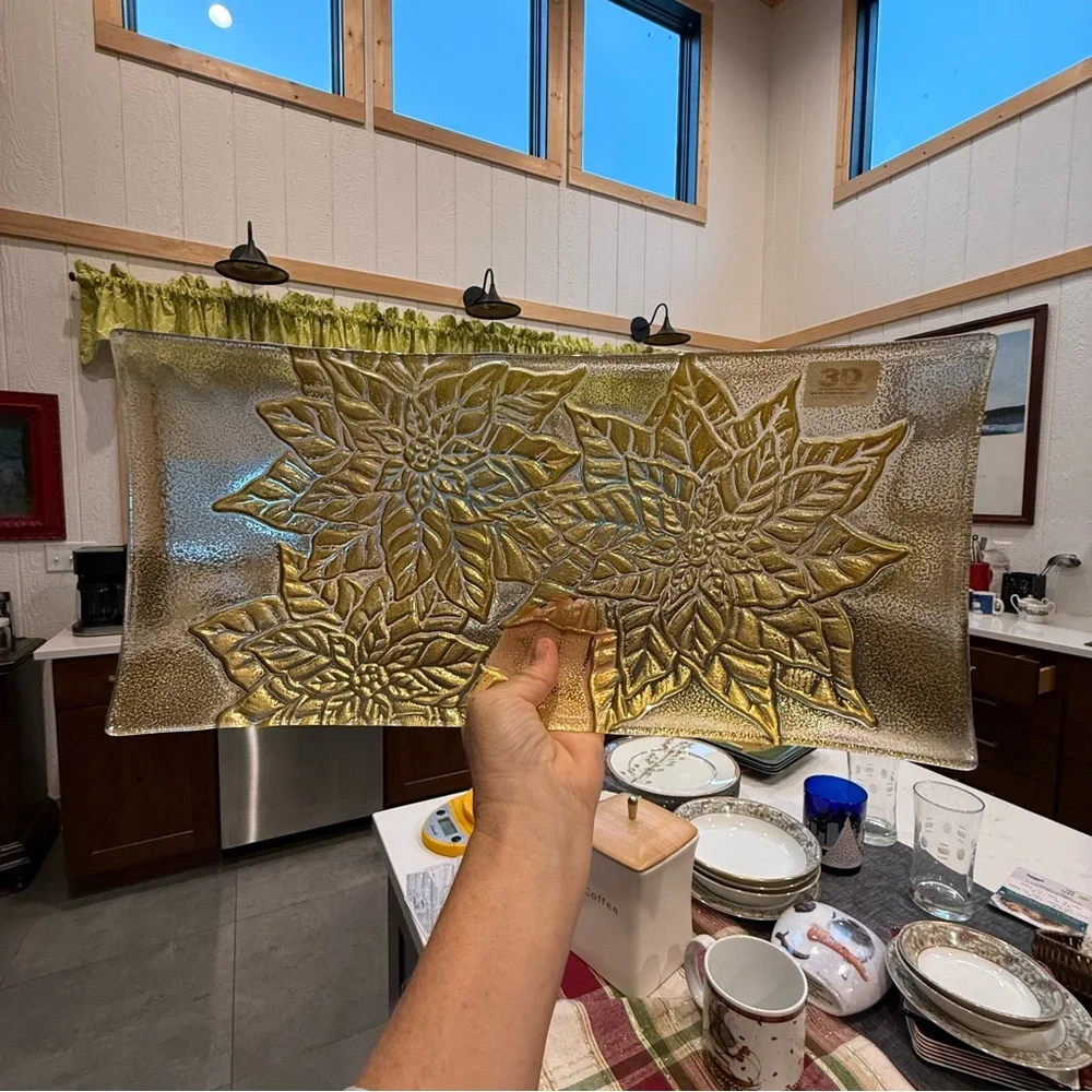 3D GLASSWARE Clear~Gold Metallic Floral Raised Pattern Curved Rectangular Server